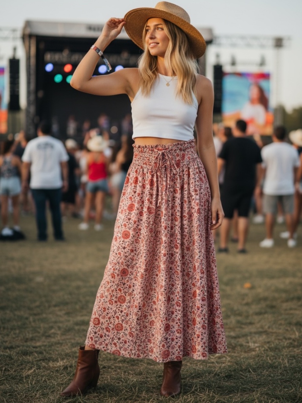Spell Floral Boho Maxi Skirt XS Smocked Waist Cottagecore Festival